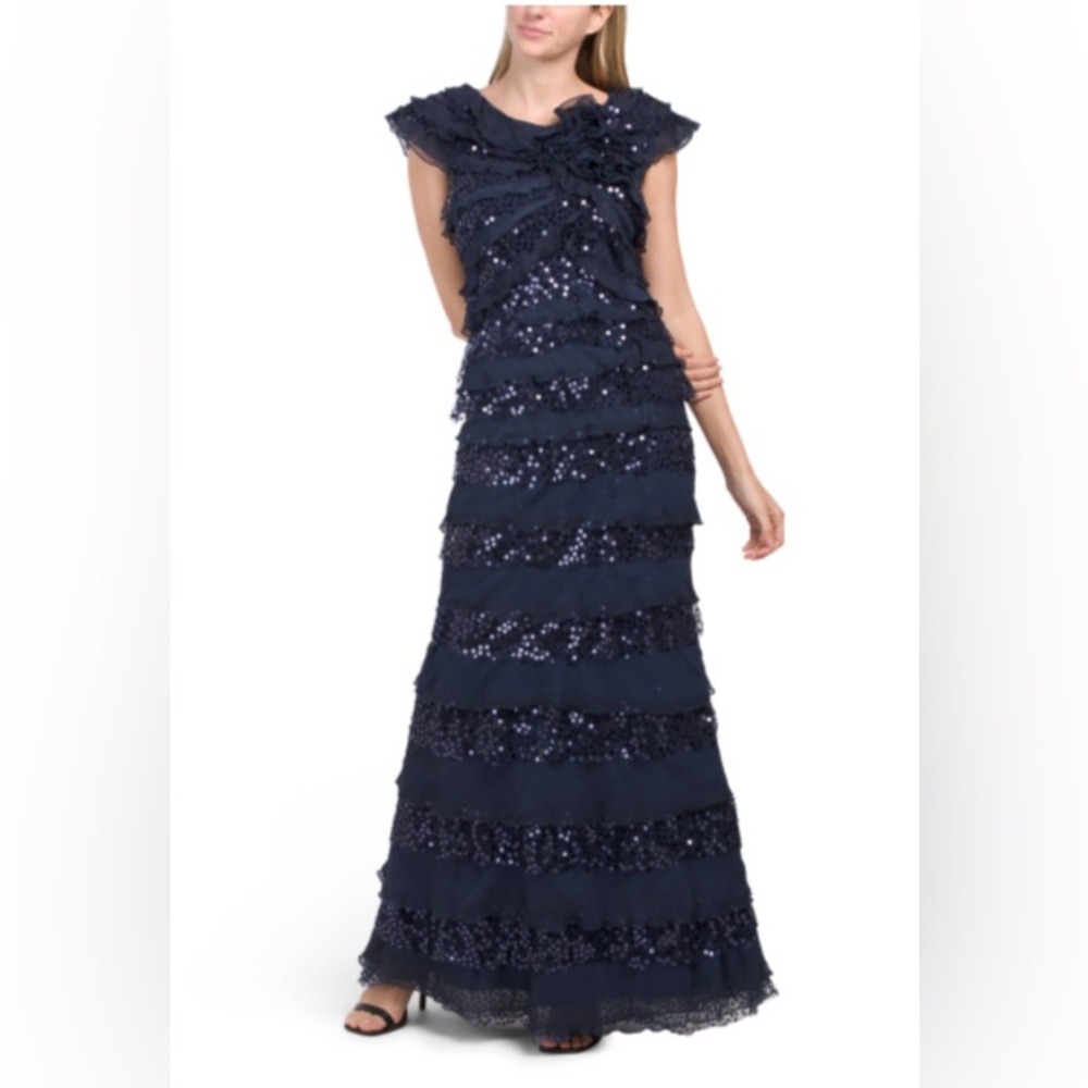 Tadshi Shoji Navy Blue Sequined Evening Gown